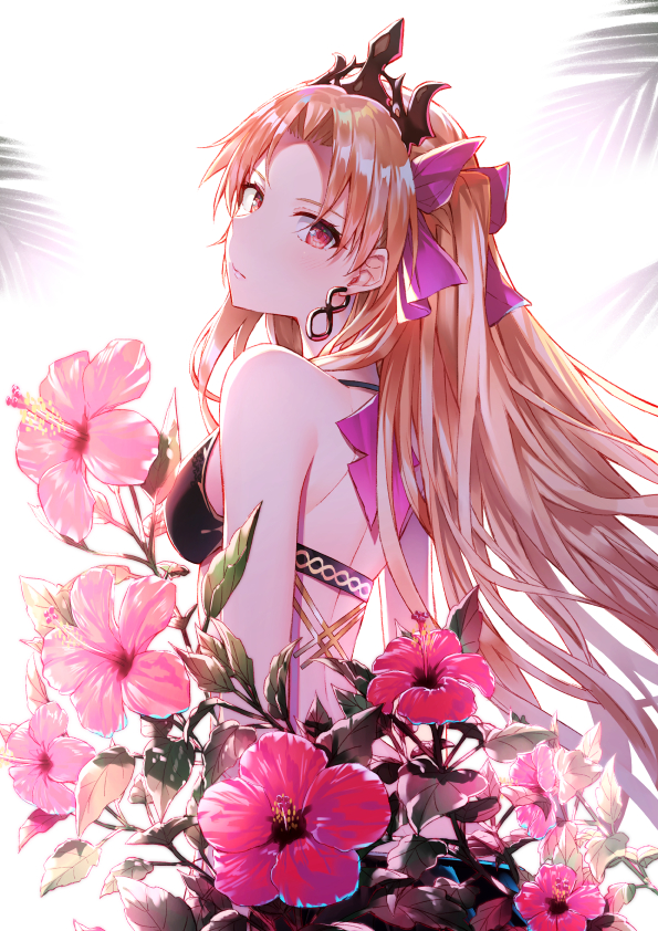 alternate_costume back bangs bare_shoulders black_bikini_top blonde_hair branch breasts closed_mouth commentary_request earrings ereshkigal_(fate/grand_order) expressionless fate/grand_order fate_(series) floating_hair flower from_behind hair_ribbon hakuishi_aoi head_tilt hibiscus hoop_earrings infinity jewelry long_hair looking_at_viewer looking_back medium_breasts parted_bangs pink_flower pink_ribbon plant red_eyes ribbon shade shiny shiny_hair solo tiara two_side_up very_long_hair white_background