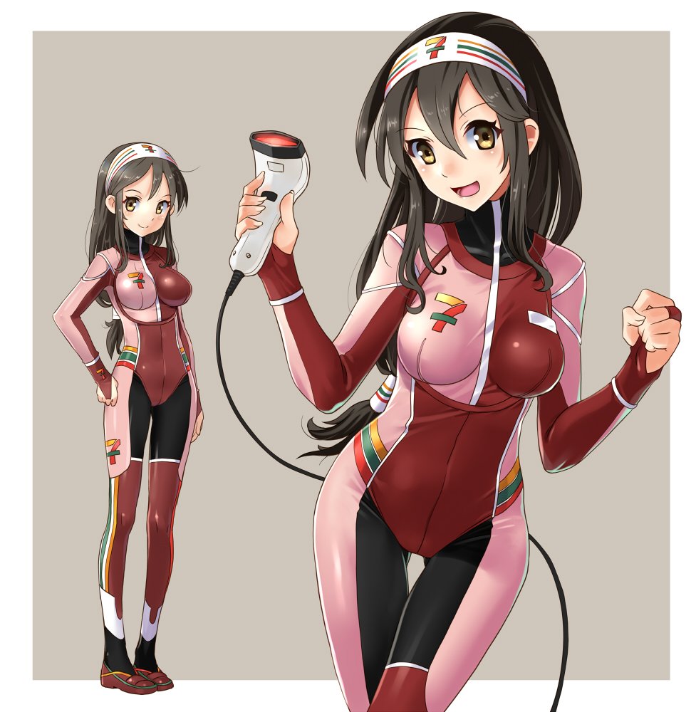 7-eleven adapted_costume ass_visible_through_thighs barcode_scanner black_hair bodysuit commentary_request cowboy_shot employee_uniform full_body hairband jpeg_artifacts katahira_masashi logo long_hair looking_at_viewer low-tied_long_hair multicolored multicolored_bodysuit multicolored_clothes multiple_views original smile standing uniform white_hairband