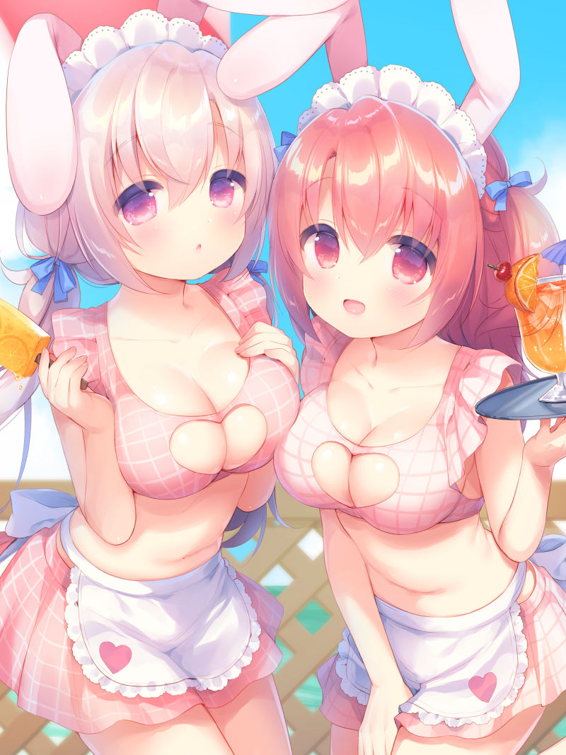 :d animal_ears apron bangs blue_bow blurry blurry_background blush bow breast_press breasts bunny_ears cleavage cleavage_cutout collarbone cup depth_of_field drink drinking_glass eyebrows_visible_through_hair food hair_between_eyes hair_bow hand_on_own_chest hand_up hands_up holding holding_food holding_tray large_breasts leaning_forward long_hair low_twintails maid_headdress medium_breasts multiple_girls navel open_mouth original parted_lips pink_skirt plaid plaid_skirt pleated_skirt popsicle red_eyes red_hair silver_hair skirt smile tray twintails usashiro_mani very_long_hair waist_apron white_apron