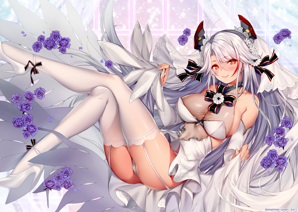 adapted_costume antenna_hair ass azur_lane bangs bare_shoulders blush breasts bridal_gauntlets bridal_veil brown_eyes cleavage closed_mouth collarbone commentary_request crossed_legs dated day dress dress_lift eyebrows_visible_through_hair floating flower garter_straps gloves hair_between_eyes hair_ornament half-closed_eyes hands_up head_tilt headgear heart high_heels indoors iron_cross large_breasts leg_up lifted_by_self light_particles long_hair looking_at_viewer mole mole_on_breast multicolored_hair no_bra obiwan open_mouth panties petals prinz_eugen_(azur_lane) pumps red_hair rose see-through silver_hair smile solo thighhighs thighs twitter_username two_side_up underwear veil very_long_hair wedding_dress white_dress white_flower white_footwear white_gloves white_hair white_legwear white_panties