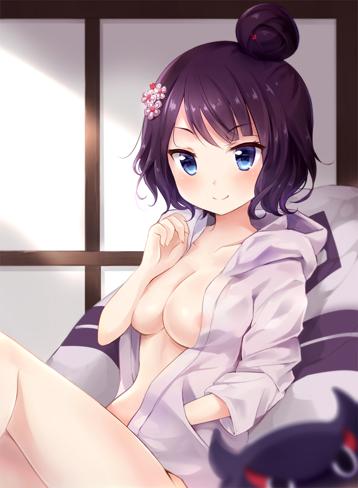 animal areola_slip areolae bangs blue_eyes blurry blurry_foreground blush breasts cleavage closed_mouth collarbone commentary_request depth_of_field eyebrows_visible_through_hair fate/grand_order fate_(series) fingernails flower grey_jacket hair_bun hair_flower hair_ornament hand_in_pocket hand_up hood hood_down hooded_jacket indoors jacket katsushika_hokusai_(fate/grand_order) long_sleeves looking_at_viewer medium_breasts nikoo octopus open_clothes open_jacket pillow purple_hair short_hair sitting smile solo tokitarou_(fate/grand_order) white_flower