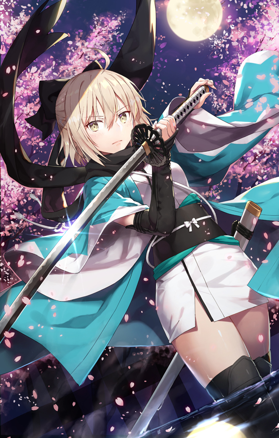 ahoge arm_guards arm_up bangs black_bow black_footwear black_scarf blonde_hair boots bow cherry_blossoms closed_mouth commentary_request dutch_angle eyebrows_visible_through_hair fate_(series) full_moon gabiran glint hair_between_eyes hair_bow half_updo haori holding holding_sword holding_weapon japanese_clothes katana kimono koha-ace legs_together long_sleeves looking_at_viewer moon night night_sky obi okita_souji_(fate) okita_souji_(fate)_(all) outdoors sash scabbard scarf serious sheath shinsengumi shiny shiny_hair short_hair short_kimono sidelocks sky solo standing sword thigh_boots thighhighs tree unsheathed v-shaped_eyebrows wading water weapon white_kimono wide_sleeves wind yellow_eyes