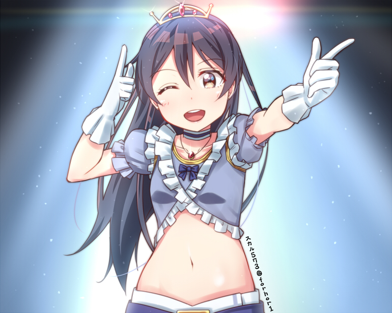 ;d arms_up bangs blue_hair blush commentary_request gloves hair_between_eyes jewelry long_hair looking_at_viewer love_live! love_live!_school_idol_project midriff music_s.t.a.r.t!! navel necklace one_eye_closed open_mouth simple_background skull573 smile solo sonoda_umi tiara yellow_eyes