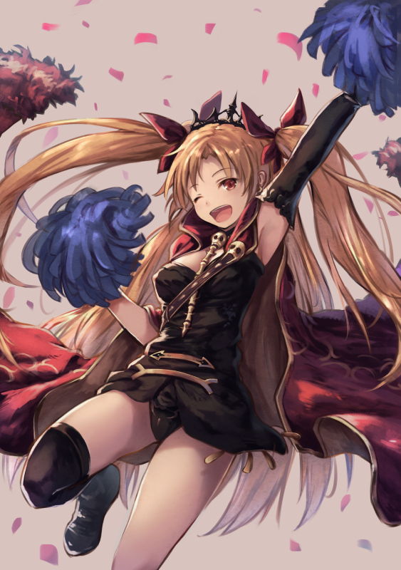 1girl ;d arm_up armpits asymmetrical_sleeves black_dress black_legwear black_leotard blonde_hair cape dress ereshkigal_(fate/grand_order) fate/grand_order fate_(series) hair_ribbon leotard long_hair looking_at_viewer one_eye_closed open_mouth ouka_(ra-raradan) pom_poms red_cape red_eyes red_ribbon ribbon single_detached_sleeve single_thighhigh smile solo thighhighs tiara two_side_up very_long_hair