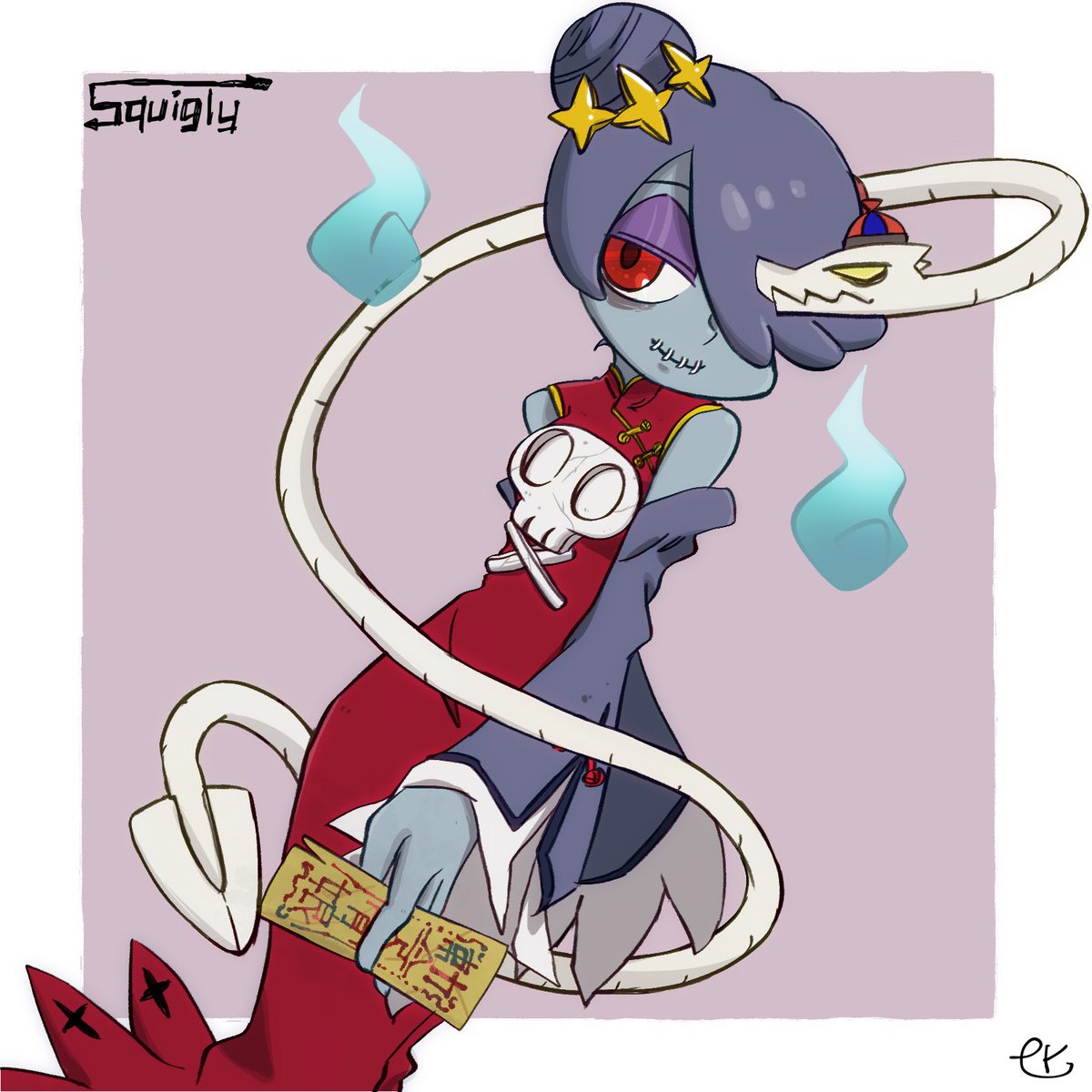1girl bare_shoulders blue_skin chinese_clothes detached_sleeves dress female hair_over_one_eye leviathan_(skullgirls) monster_girl red_eyes skullgirls squigly_(skullgirls) stitched_mouth stitches zombie