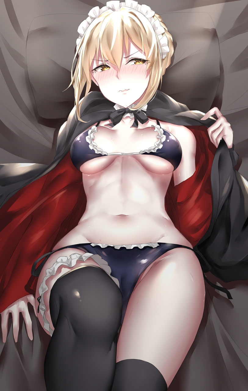 artoria_pendragon_(all) artoria_pendragon_(swimsuit_rider_alter) bangs bikini black_bikini black_jacket black_legwear black_ribbon blush braid breasts choker collarbone fate/grand_order fate_(series) french_braid frilled_bikini_top frilled_choker frills hair_between_eyes hair_bun highres hips hood hoodie jacket leg_garter looking_to_the_side lying maid_bikini maid_headdress navel neck_ribbon on_back on_bed open_clothes open_hoodie open_jacket pale_skin ribbon seedkeng solo swimsuit thighhighs thighs wavy_mouth yellow_eyes