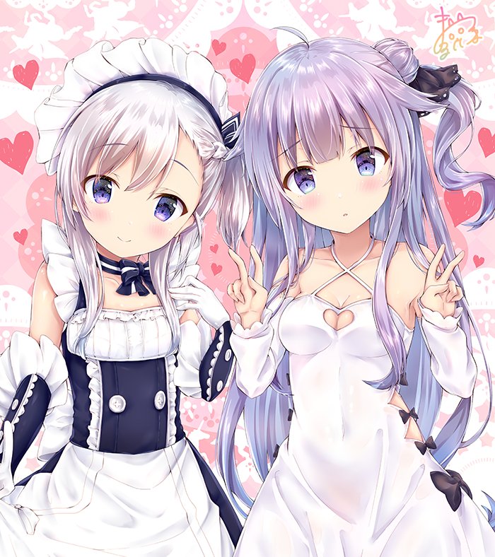 :o ahoge asymmetrical_bangs azur_lane bangs bare_shoulders belchan_(azur_lane) belfast_(azur_lane) black_bow black_dress black_ribbon blush bow braid buttons center_frills closed_mouth collarbone commentary covered_navel criss-cross_halter detached_sleeves double-breasted double_v dress dress_bow elbow_gloves eyebrows_visible_through_hair frilled_sleeves frills gloves hair_between_eyes hair_bun hair_ribbon halterneck hand_up hands_up heart heart_cutout lace lace-trimmed_ribbon long_sleeves looking_at_viewer maid_headdress maruma_(maruma_gic) multiple_girls one_side_up parted_lips purple_eyes purple_hair ribbon shiny shiny_hair side_bun side_cutout signature silver_hair sleeves_past_wrists smile underbust unicorn_(azur_lane) v white_dress white_gloves