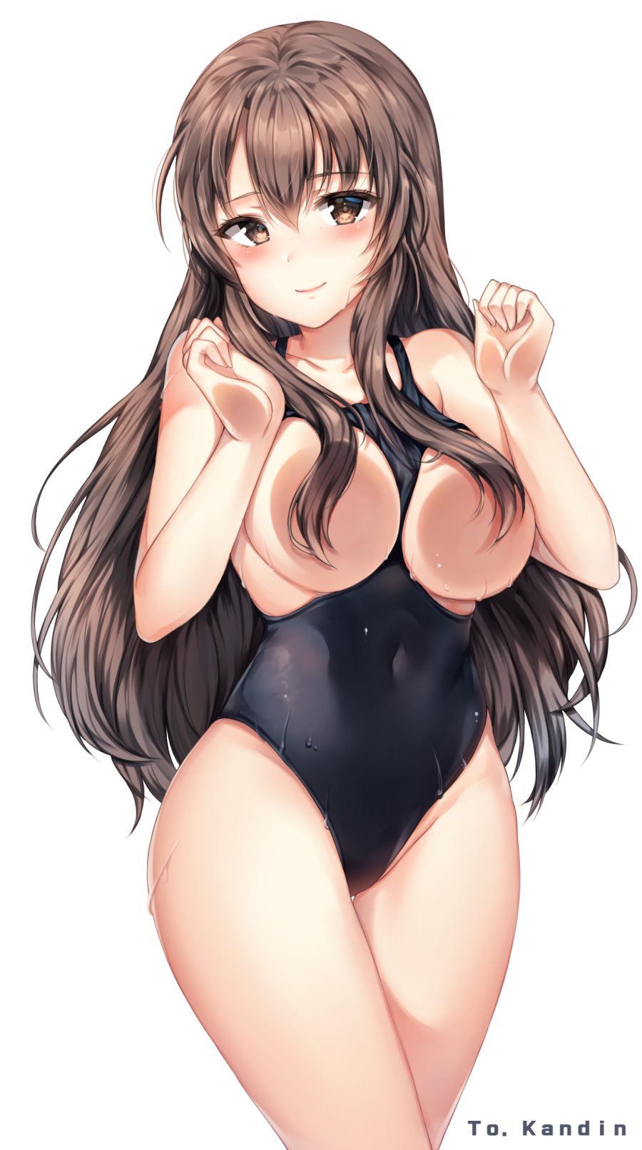 against_fourth_wall bangs bare_arms bare_shoulders black_swimsuit blush breasts breasts_outside brown_eyes brown_hair clenched_hands closed_mouth collarbone commentary_request covered_navel eyebrows_visible_through_hair groin hair_between_eyes hair_over_breasts hands_up highleg highleg_swimsuit highres korean_commentary large_breasts long_hair one-piece_swimsuit original painteen sidelocks simple_background skindentation smile solo standing swimsuit thighs very_long_hair wet white_background