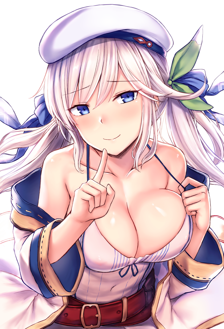 bangs bare_shoulders belt beret blonde_hair blue_eyes blue_ribbon blush breasts cai_geng cleavage closed_mouth collarbone commentary cucouroux_(granblue_fantasy) eyebrows_visible_through_hair finger_to_mouth granblue_fantasy hair_ribbon hat index_finger_raised jacket large_breasts long_hair looking_at_viewer off_shoulder open_clothes open_jacket ribbon shushing sidelocks simple_background smile solo strap_pull twintails white_background white_camisole white_jacket