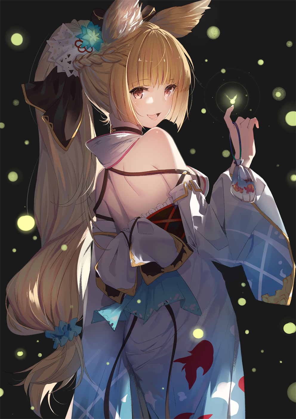 alternate_costume alternate_hairstyle animal_ears bangs bare_shoulders black_background blonde_hair blue_kimono blunt_bangs braid cowboy_shot erune eyebrows_visible_through_hair fireflies flower from_behind gin00 granblue_fantasy hair_flower hair_ornament highres japanese_clothes kimono lips lipstick long_hair looking_at_viewer low_ponytail makeup open_mouth ponytail sleeves_past_wrists solo very_long_hair wide_sleeves yuisis_(granblue_fantasy) yukata