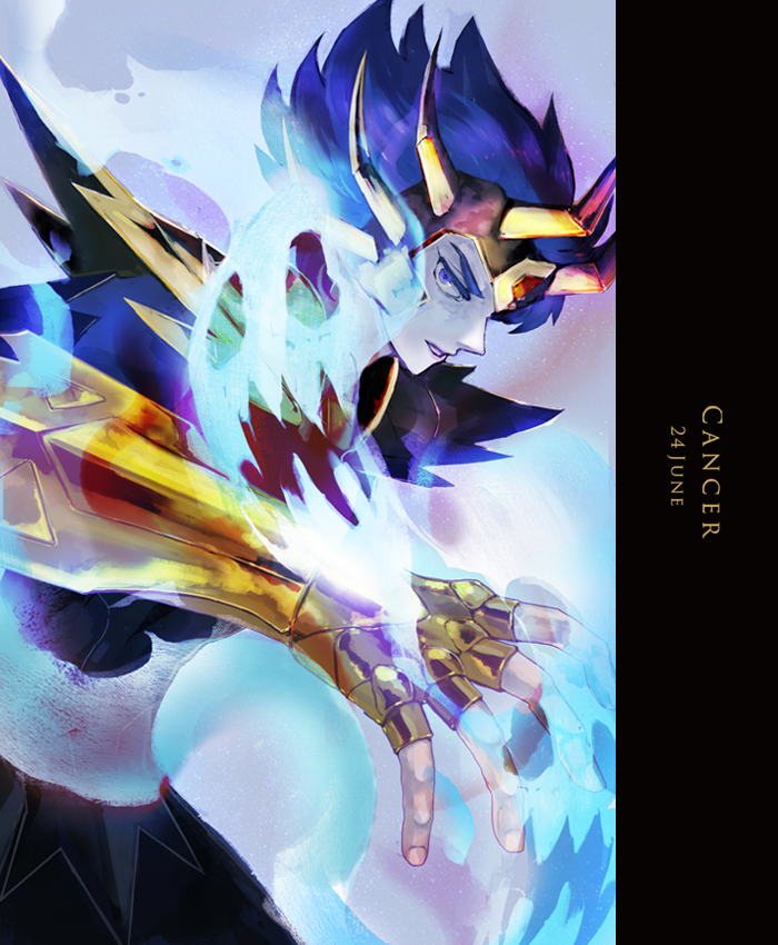 aura bad_id bad_pixiv_id blue_eyes blue_hair cancer_death_mask character_name dated fighting_stance fingerless_gloves from_side gauntlets ghost gloves gold_saint grey_background horns horocca looking_at_viewer looking_to_the_side male_focus parted_lips saint_seiya short_hair shoulder_armor solo spaulders
