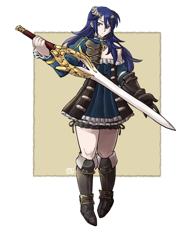 1girl bloodstained:_ritual_of_the_night blue_eyes blue_hair boots detached_sleeves dl fire_emblem fire_emblem:_kakusei gloves hair_ornament holding holding_sword holding_weapon horns jacket long_hair looking_at_viewer lucina miriam_(bloodstained) simple_background skirt solo sword weapon