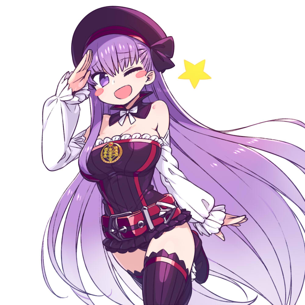 ;d arm_at_side arm_up bare_shoulders bb_(fate)_(all) bb_(fate/extra_ccc) blush_stickers breasts chan_co cleavage commentary_request cosplay detached_collar detached_sleeves dress eyebrows_visible_through_hair fate/grand_order fate_(series) hat helena_blavatsky_(fate/grand_order) helena_blavatsky_(fate/grand_order)_(cosplay) large_breasts leg_up long_hair long_sleeves looking_at_viewer one_eye_closed open_mouth purple_dress purple_eyes purple_hair purple_legwear salute short_dress simple_background sleeves_past_wrists smile solo star thighhighs very_long_hair white_sleeves
