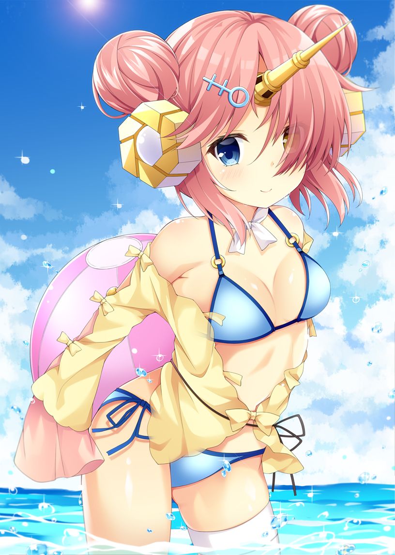 asymmetrical_legwear ball bangs bare_shoulders beachball bikini blue_bikini blue_eyes blue_sky blush breasts brown_eyes closed_mouth cloud cloudy_sky commentary_request day double_bun eyes_visible_through_hair fate/grand_order fate_(series) frankenstein's_monster_(fate) frankenstein's_monster_(swimsuit_saber)_(fate) hair_ornament hair_over_one_eye heterochromia horizon horn jacket long_sleeves looking_at_viewer maccha medium_breasts o-ring o-ring_bikini o-ring_top ocean off_shoulder outdoors pink_hair side_bun single_thighhigh sky sleeves_past_fingers sleeves_past_wrists smile solo standing swimsuit thighhighs wading water white_legwear yellow_jacket