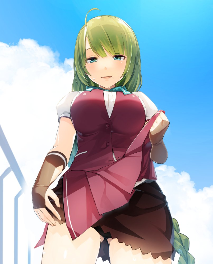 :d ahoge ass_visible_through_thighs bangs black_panties blue_bow blue_eyes blue_neckwear blue_sky blunt_bangs bow bowtie braid breasts brown_gloves brown_skirt buttons cloud cloudy_sky commentary_request cowboy_shot day eyebrows_visible_through_hair fingerless_gloves from_below gloves green_hair kantai_collection large_breasts lifted_by_self long_hair meth_(emethmeth) mole mole_under_mouth open_mouth outdoors panties partly_fingerless_gloves puffy_short_sleeves puffy_sleeves purple_skirt purple_vest remodel_(kantai_collection) school_uniform shirt short_sleeves signature single_braid skirt skirt_lift sky smile solo underwear very_long_hair vest white_shirt yuugumo_(kantai_collection)