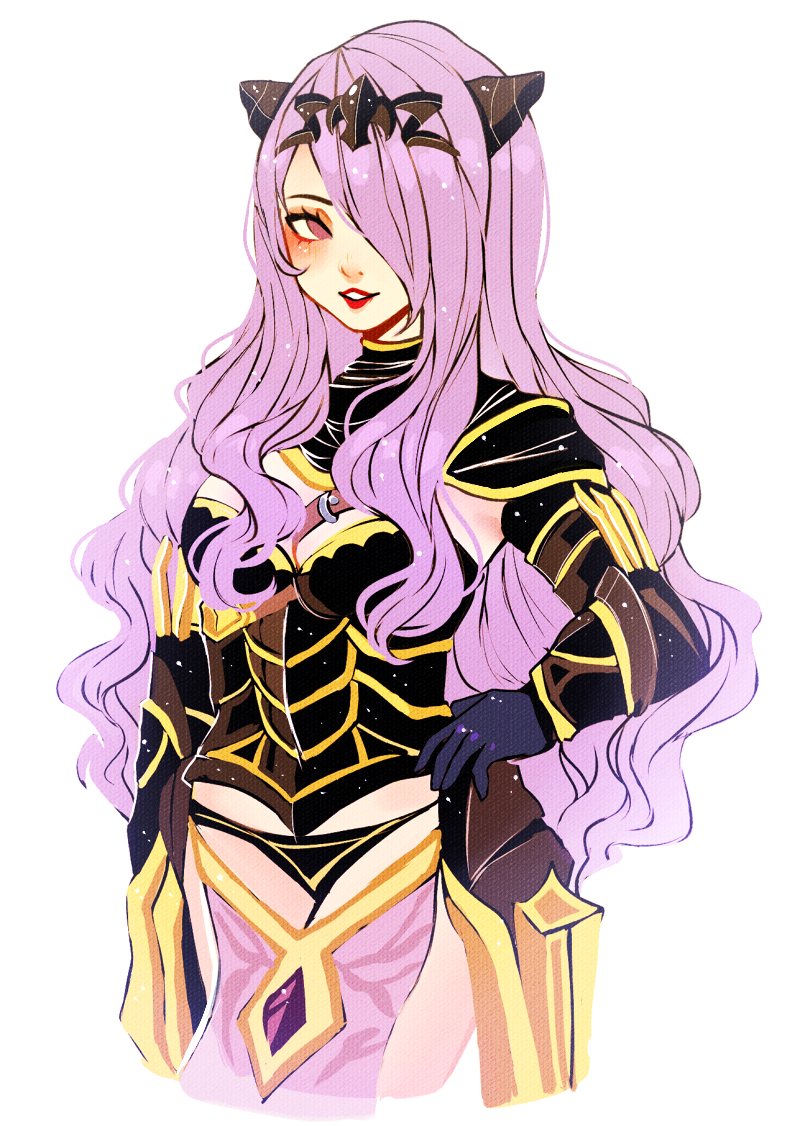 armor breasts camilla_(fire_emblem_if) cleavage fire_emblem fire_emblem_if gloves hair_over_one_eye horns large_breasts long_hair looking_at_viewer purple_eyes purple_hair smile solo wavy_hair