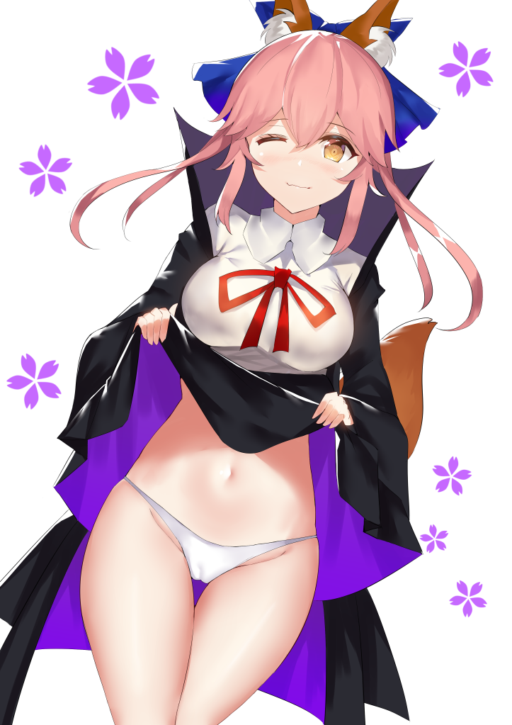 animal_ear_fluff animal_ears bangs bb_(fate)_(all) bb_(fate/extra_ccc) bb_(fate/extra_ccc)_(cosplay) black_jacket black_skirt blue_bow blush bow breasts brown_eyes cameltoe collared_shirt commentary_request cosplay dutch_angle eyebrows_visible_through_hair fate/extra fate/extra_ccc fate_(series) fox_ears fox_girl fox_tail groin hair_between_eyes hair_bow jacket large_breasts lifted_by_self long_hair long_sleeves looking_at_viewer navel one_eye_closed open_clothes open_jacket panties pink_hair red_ribbon ribbon rinaka_moruchi shirt skirt skirt_lift sleeves_past_wrists solo tail tamamo_(fate)_(all) tamamo_no_mae_(fate) thigh_gap underwear white_background white_panties white_shirt wide_sleeves