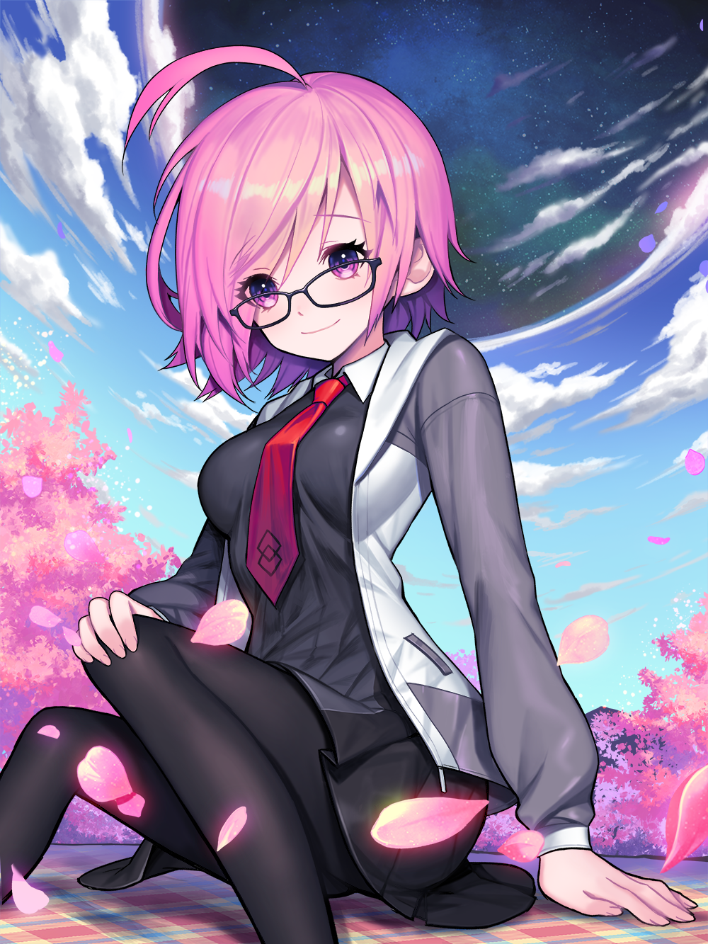 ahoge black-framed_eyewear black_legwear black_skirt cherry_blossoms closed_mouth cloud cropped_legs day fate/grand_order fate_(series) glasses hand_on_own_knee highres jacket kyundoo lavender_hair looking_at_viewer mash_kyrielight necktie outdoors pantyhose purple_eyes red_neckwear short_hair sitting skirt sky smile solo tree
