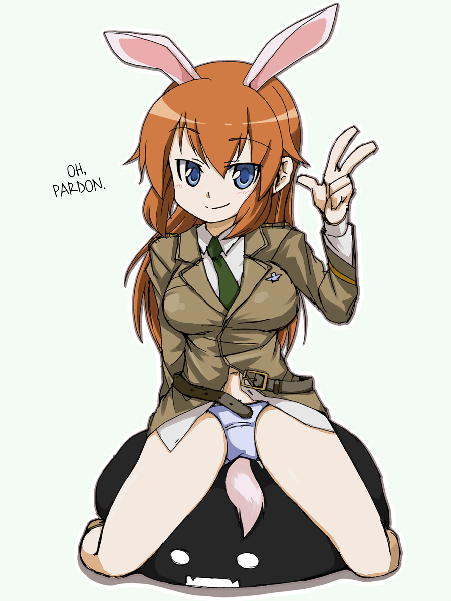 00s 1girl animal_ears belt blazer blue_eyes breasts bunny_ears bunny_tail charlotte_e_yeager female full_body hard_translated highres jacket large_breasts necktie orange_hair panties sitting smile solo sterndorf strike_witches tail translated underwear v world_witches_series