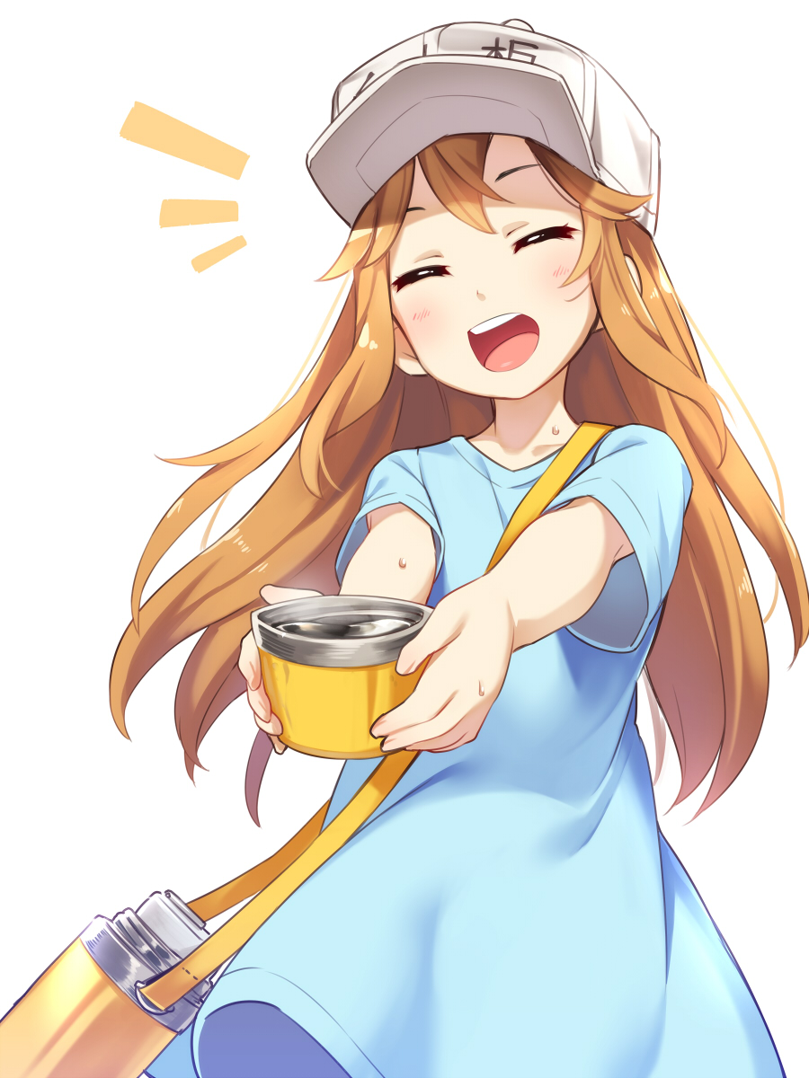 :d asutora blue_shirt brown_eyes brown_hair closed_eyes commentary_request facing_viewer flat_cap hat hataraku_saibou highres long_hair open_mouth outstretched_arms platelet_(hataraku_saibou) shirt simple_background smile solo thermos white_background white_hat