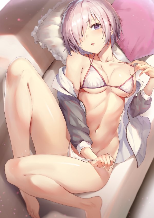 bare_shoulders bikini blush breasts cleavage collarbone commentary fate/grand_order fate_(series) feet grey_jacket hair_over_one_eye jacket lavender_hair legs long_legs looking_at_viewer lying mash_kyrielight medium_breasts navel o-ring on_back open_clothes open_jacket parted_lips pillow purple_eyes short_hair sola_(solo0730) solo stomach strap_pull swimsuit thighs white_bikini