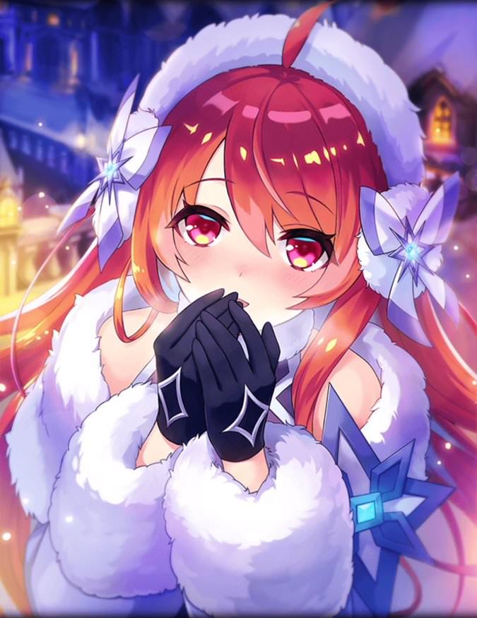 ahoge ancient_killers_(phantom_of_the_kill) artist_request black_gloves blowing_on_hands blush coat eyebrows_visible_through_hair fur_hairband fur_trim gloves hairband hercule_(phantom_of_the_kill) long_hair official_art phantom_of_the_kill red_eyes red_hair snow town winter_clothes winter_coat