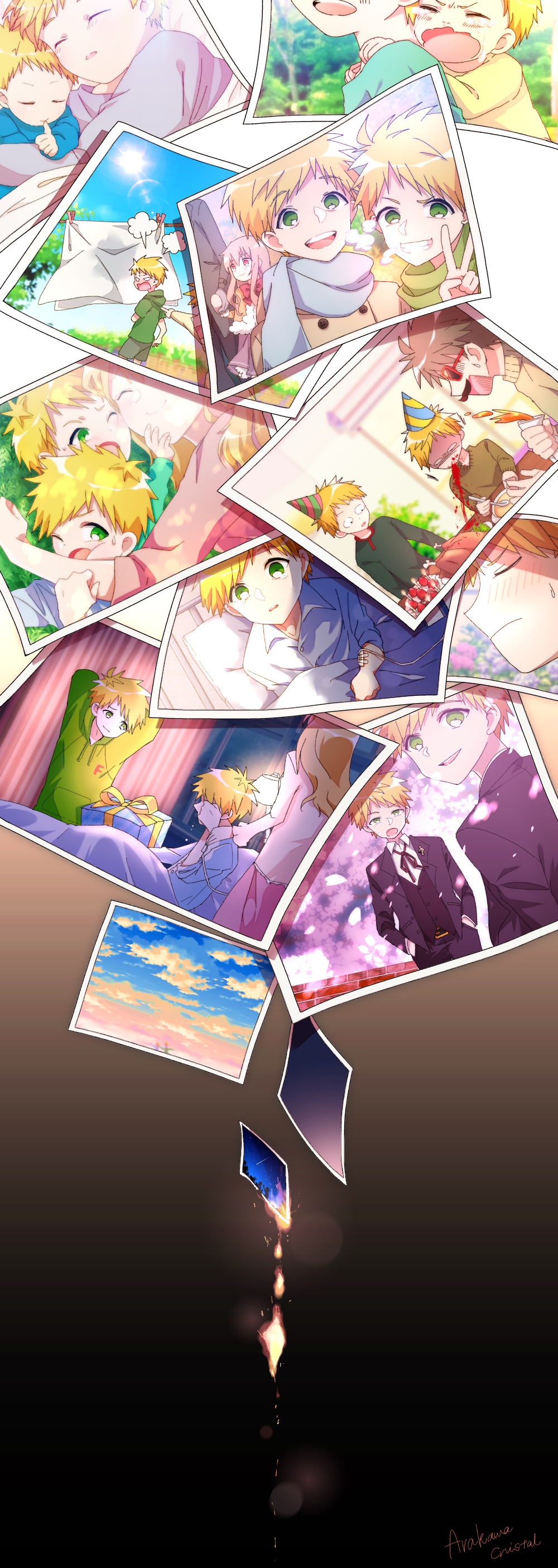 3boys absurdres age_progression arakawa_cristal bed blonde_hair brothers burning child family father_and_son fire fugo_dressel highres higyaku_no_noel hospital_bed intravenous_drip mother_and_son multiple_boys necktie oscar_dressel photo_(object) short_hair siblings tears younger