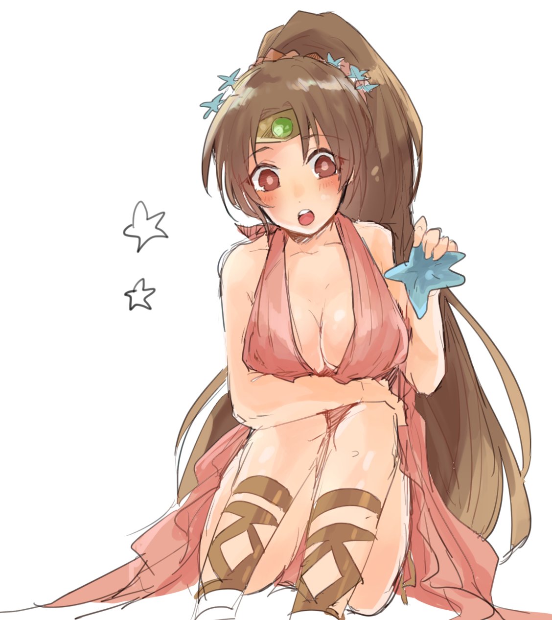 breasts brown_eyes brown_hair circlet cleavage commentary_request fire_emblem fire_emblem:_monshou_no_nazo fire_emblem_heroes highres linda_(fire_emblem) long_hair matumuraaaa open_mouth pink_swimsuit ponytail simple_background sitting solo starfish swimsuit white_background