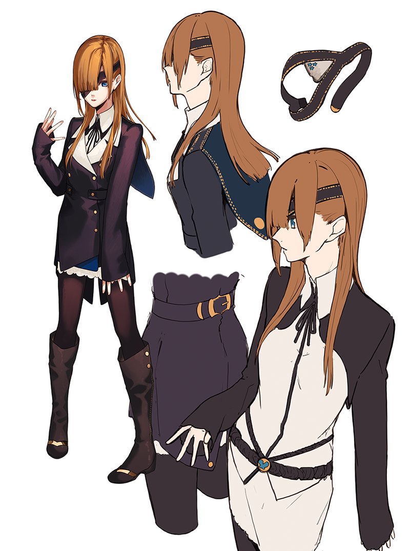 between_breasts black_jacket black_legwear black_ribbon blue_eyes boots breasts brown_footwear brown_hair brown_legwear capelet character_sheet collared_shirt commentary cropped_jacket cropped_legs cropped_torso double-breasted eyepatch eyepatch_removed fate/grand_order fate_(series) from_side hair_over_one_eye jacket knee_boots la-na light_brown_hair long_hair long_sleeves looking_at_viewer looking_away miniskirt multiple_views neck_ribbon one_eye_covered ophelia_phamrsolone pantyhose pencil_skirt profile ribbon shirt signature simple_background skirt skirt_set sleeves_past_wrists small_breasts straight_hair white_background white_skirt