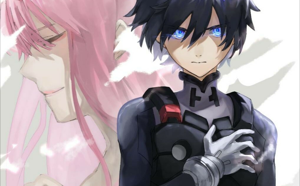 1girl bangs black_bodysuit black_hair blue_eyes bodysuit closed_eyes commentary_request couple darling_in_the_franxx eyebrows_visible_through_hair gloves hand_on_own_chest hetero hiro_(darling_in_the_franxx) long_hair looking_at_viewer pilot_suit pink_hair sa_nomaru shirtless white_gloves zero_two_(darling_in_the_franxx)