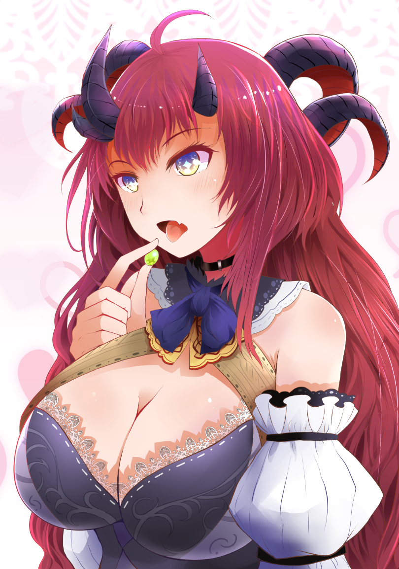 1girl ahoge arano_oki bangs bare_shoulders black_choker blue_eyes blue_neckwear blush breasts choker cleavage commentary_request curled_horns demon_girl demon_horns detached_sleeves dress eyebrows_visible_through_hair fang grey_dress hand_up heart holding horns juliet_sleeves large_breasts long_hair long_sleeves looking_away magrona magrona_channel multiple_horns open_mouth puffy_sleeves red_hair solo tongue tongue_out very_long_hair virtual_youtuber