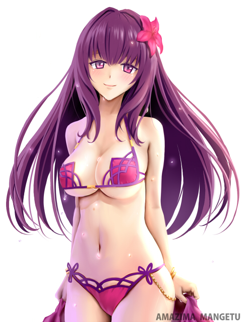 amazima_mangetu artist_name bikini blush breasts cowboy_shot fate/grand_order fate_(series) flower hair_flower hair_ornament long_hair looking_at_viewer medium_breasts navel pink_bikini purple_hair red_eyes scathach_(fate)_(all) scathach_(swimsuit_assassin)_(fate) simple_background smile solo swimsuit underboob wet white_background
