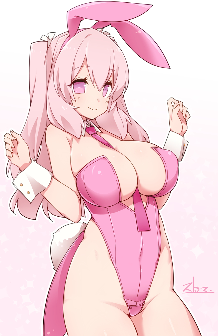 animal_ears between_breasts blush breasts bunny_ears bunny_girl bunnysuit cleavage_cutout curvy hoshino_maki_osamu large_breasts long_hair looking_at_viewer necktie necktie_between_breasts pink_eyes pink_hair solo starmine_(manga) stroma thighs twintails