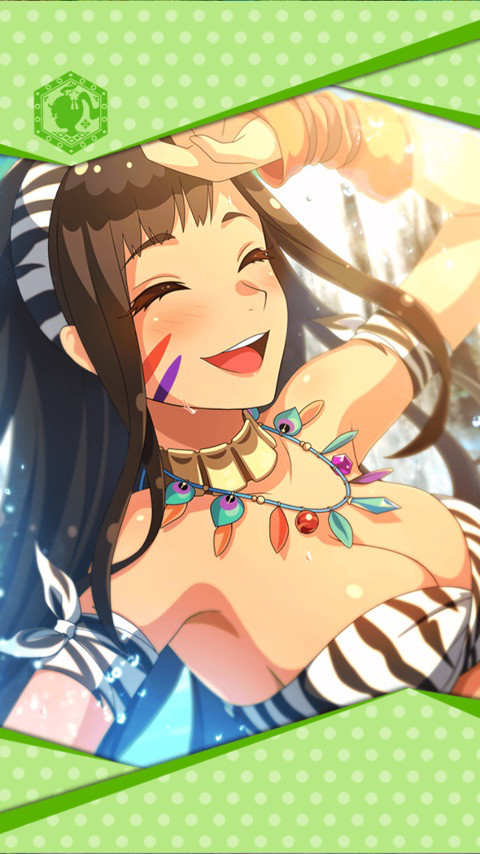 artist_request bangs blush breasts brown_hair cleavage closed_eyes dark_skin facepaint framed_image hairband hand_on_forehead jewelry large_breasts necklace official_art open_mouth phantom_of_the_kill resheph ribbon smile striped_bandeau swimsuit tiger_stripes white_hairband wristband