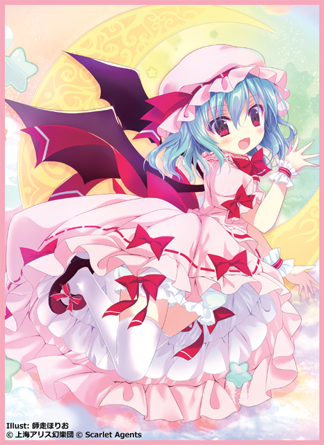 :d artist_name bangs bat_wings black_wings blue_hair blush bow brown_footwear crescent dress eyebrows_visible_through_hair hair_between_eyes hat head_tilt long_hair looking_at_viewer looking_to_the_side mob_cap open_mouth pink_dress pink_hat puffy_short_sleeves puffy_sleeves red_bow red_eyes remilia_scarlet shiwasu_horio shoes short_sleeves smile solo star thighhighs touhou watermark white_legwear wings