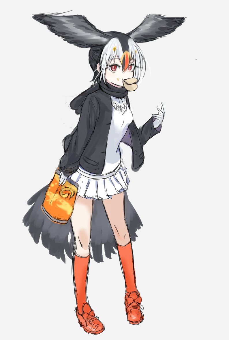 atlantic_puffin_(kemono_friends) bird_tail bird_wings black_hair blonde_hair chips commentary dnsdltkfkd food food_on_face gloves head_wings jacket japari_chips japari_symbol kemono_friends kneehighs long_sleeves multicolored_hair necktie pleated_skirt pringle_duck red_hair scarf short_hair skirt solo sweater white_hair wings