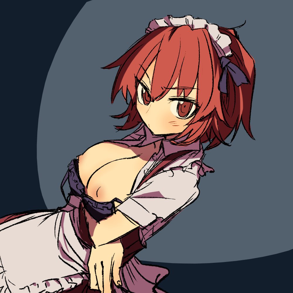1girl apron bra breast_hold breasts breasts_outside female maid maid_apron maid_headdress nipples ootorii_bisetsu red_eyes red_hair solo underwear
