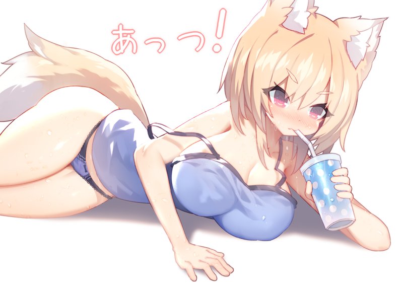 al_bhed_eyes animal_ear_fluff animal_ears arm_support bare_arms bare_legs bare_shoulders blue_panties blush breasts cleavage commentary drink drinking drinking_straw eyebrows eyebrows_visible_through_hair fox_ears fox_tail frilled_panties frills hair_between_eyes hips large_breasts lying mamuru off_shoulder on_side original panties red_eyes short_eyebrows short_hair simple_background soda solo strap_slip sweat tail tank_top thighs underwear white_background
