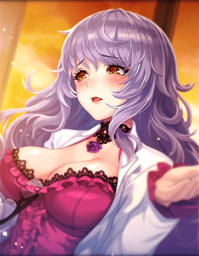 artist_request bangs breasts bustier choker eyebrows_visible_through_hair harpe_(phantom_of_the_kill) heart heart-shaped_pupils labcoat large_breasts lavender_hair long_hair official_art open_mouth phantom_of_the_kill symbol-shaped_pupils yellow_eyes