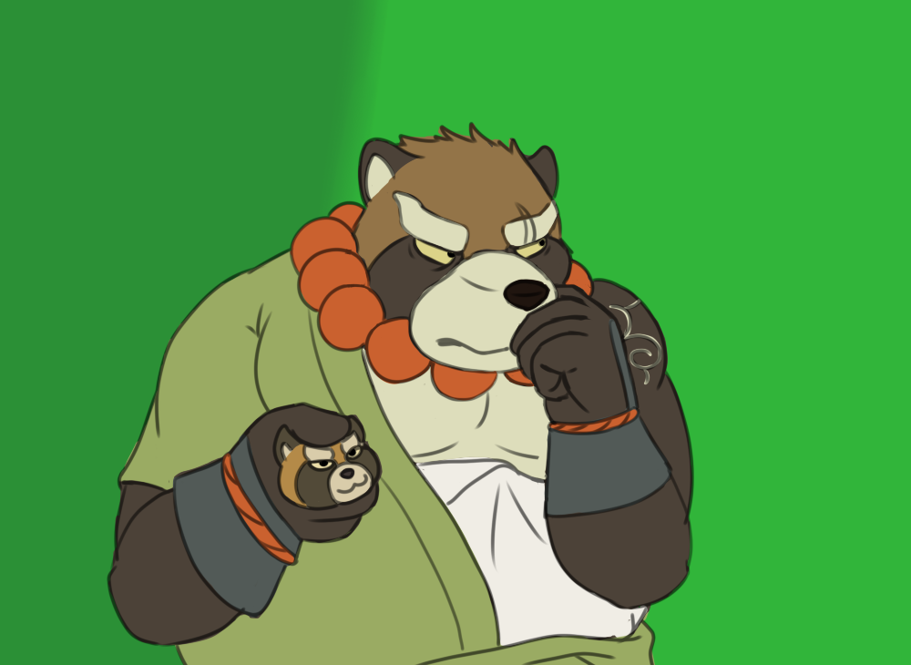 2018 anthro brown_fur canine fur gerbor green_background gyobu male mammal overweight overweight_male scar simple_background solo tanuki tokyo_afterschool_summoners