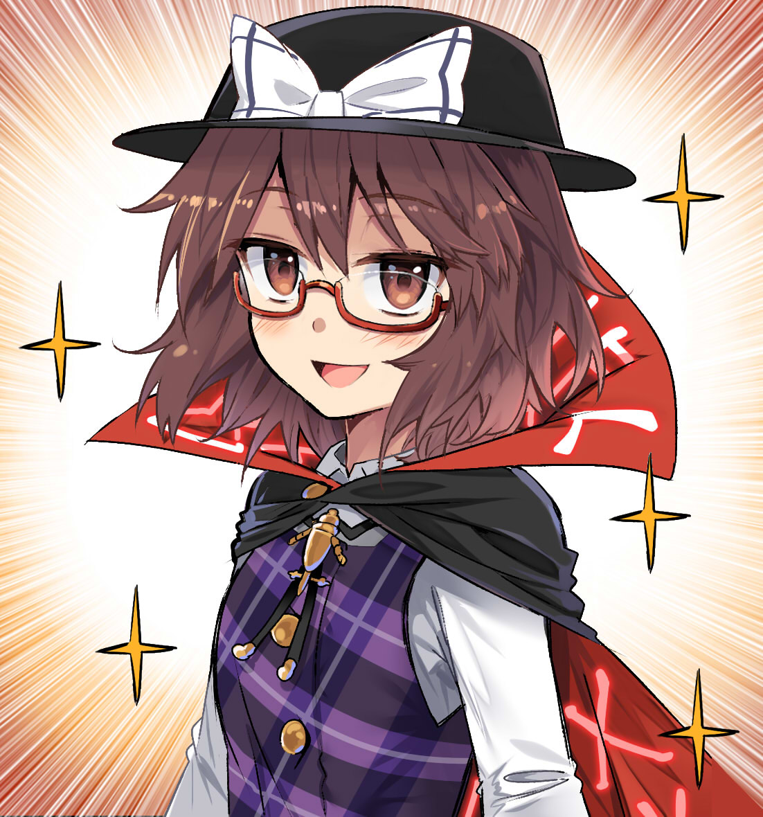 :d black_cape black_hat blush bow brown_eyes brown_hair cape commentary_request e.o. emphasis_lines eyebrows_visible_through_hair fedora glasses gradient gradient_background hair_between_eyes hat hat_bow long_sleeves looking_at_viewer open_mouth orange_background plaid plaid_vest purple_vest red-framed_eyewear shirt short_hair smile solo sparkle touhou upper_body usami_sumireko vest white_background white_bow white_shirt wing_collar