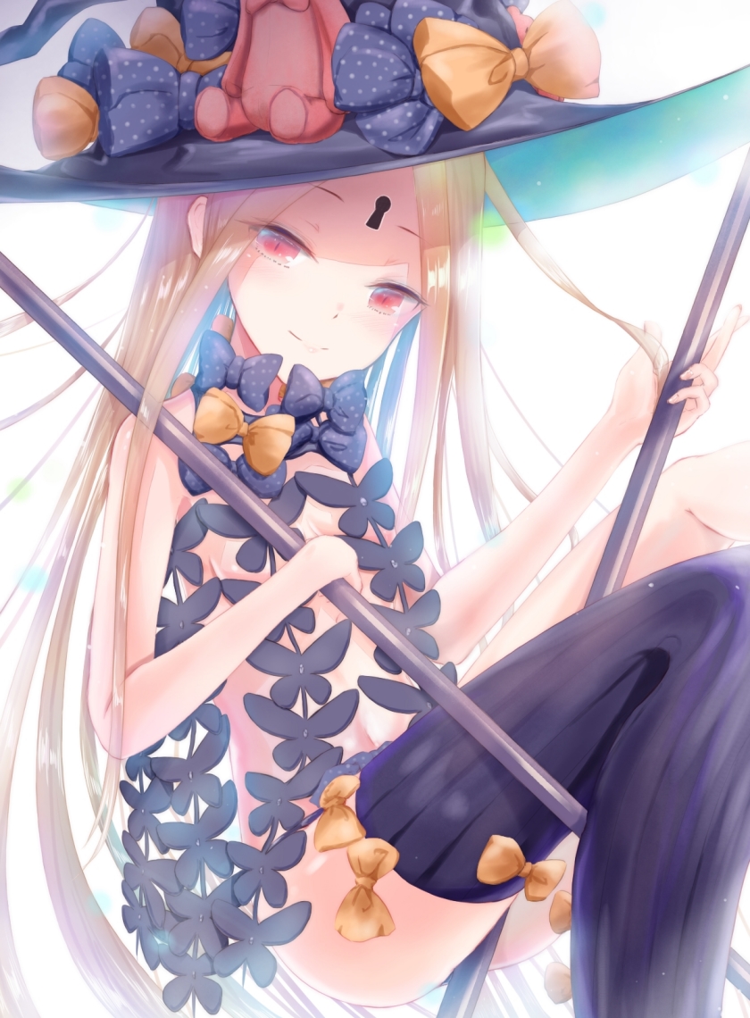 abigail_williams_(fate/grand_order) bangs between_legs black_bow black_hat black_panties blonde_hair bow breasts chinese_commentary closed_mouth commentary_request fate/grand_order fate_(series) hat hat_bow head_tilt holding keyhole long_hair looking_at_viewer orange_bow panties parted_bangs partial_commentary polka_dot polka_dot_bow red_eyes revealing_clothes sanka_tan small_breasts smile solo stuffed_animal stuffed_toy teddy_bear topless underwear very_long_hair witch_hat
