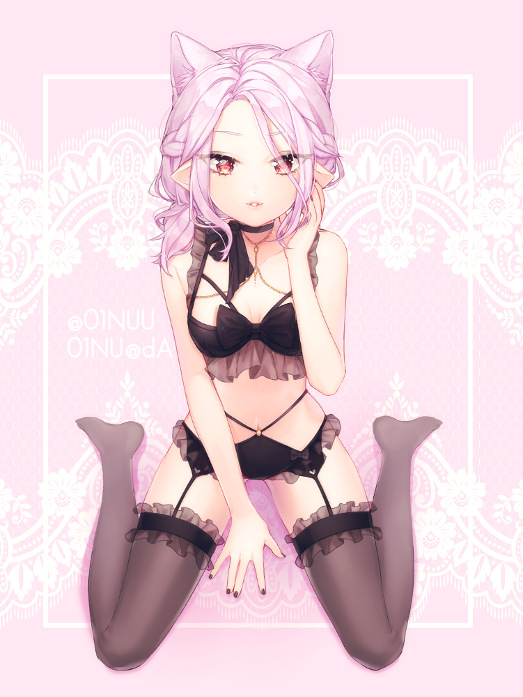 1girl animal_ears artist_name black_legwear black_nails blush breasts cat_ears collarbone deviantart_username eyebrows_visible_through_hair garter_belt jewelry looking_at_viewer medium_breasts medium_hair nail_polish navel necklace original parted_lips pink_background pink_hair pointy_ears red_eyes sitting smile solo thighhighs twitter_username wariza