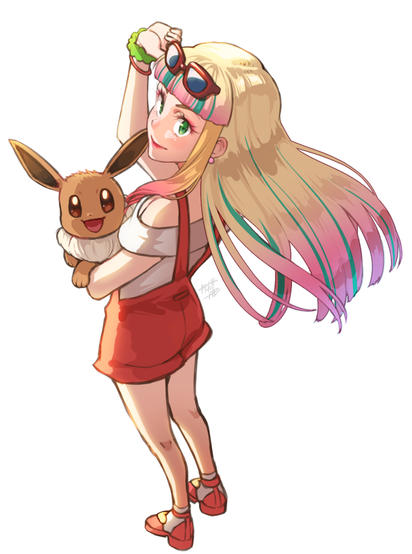 blonde_hair blush breasts commentary_request eevee full_body green_eyes jandara_rin lillie_(pokemon) lipstick long_hair makeup multicolored_hair pokemon pokemon_(anime) pokemon_m21 pokemon_sm_(anime) risa_(pokemon) small_breasts solo
