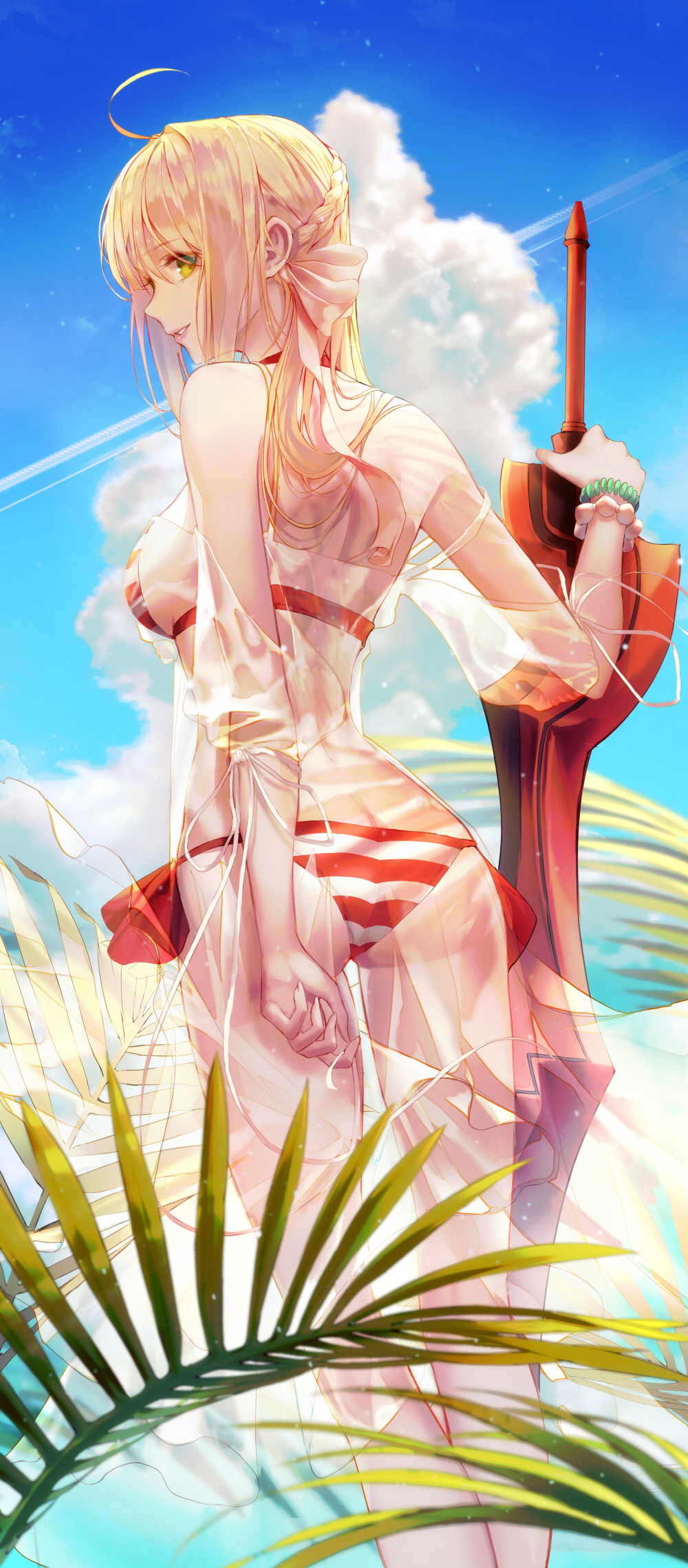aestus_estus ahoge ass back bangs bare_shoulders bead_bracelet beads bikini blonde_hair bow bracelet braid breasts cloud cloudy_sky commentary cowboy_shot day eyebrows_visible_through_hair fate/grand_order fate_(series) french_braid green_eyes hair_bow highres holding holding_sword holding_weapon jewelry long_hair long_sleeves looking_at_viewer looking_back medium_breasts nero_claudius_(fate)_(all) nero_claudius_(swimsuit_caster)_(fate) outdoors palm_tree robe see-through seol side-tie_bikini sky standing striped striped_bikini swimsuit sword tree weapon white_bow