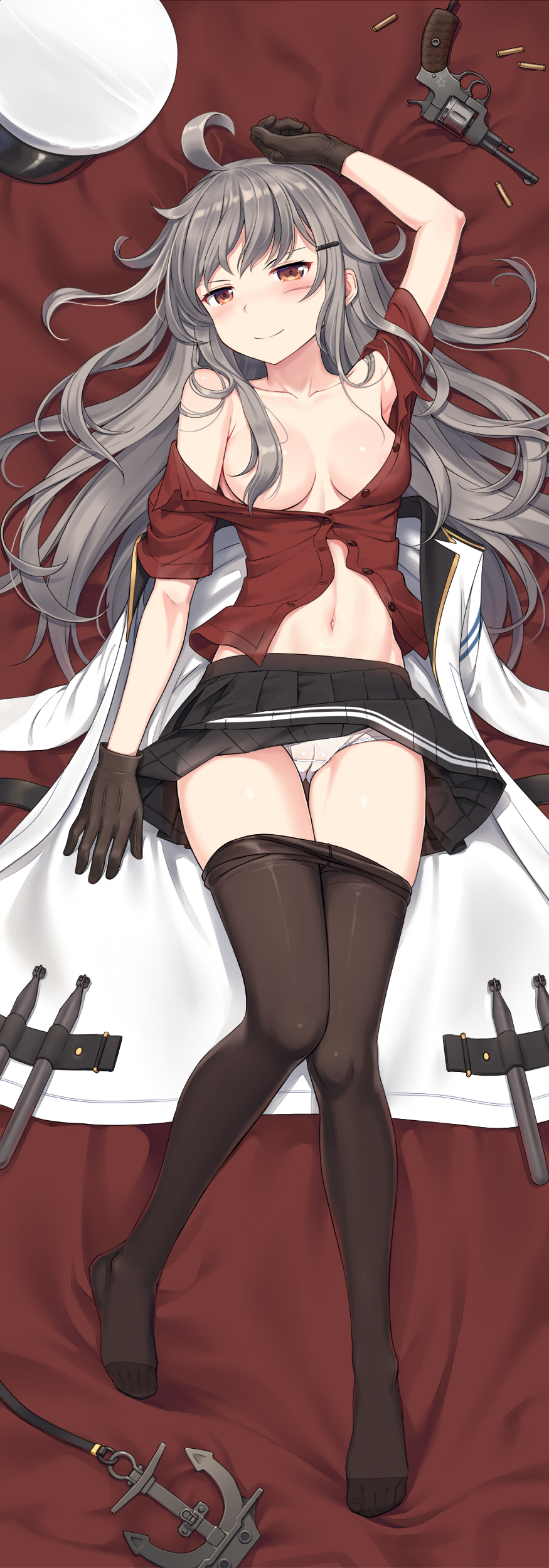absurdres ahoge arm_at_side bad_id bad_pixiv_id bare_shoulders black_footwear black_gloves black_legwear black_skirt breasts cameltoe cnm collarbone commentary_request crotch_seam facial_scar full_body gangut_(kantai_collection) gloves grey_hair gun hair_between_eyes handgun hat highres jacket kantai_collection long_hair looking_at_viewer lying medium_breasts military military_jacket military_uniform miniskirt navel no_bra on_back pantyhose pantyhose_pull peaked_cap pleated_skirt red_eyes red_shirt scar scar_on_cheek shiny shiny_skin shirt short_sleeves skirt smug solo thigh_gap thighs unbuttoned unbuttoned_shirt uniform weapon white_jacket