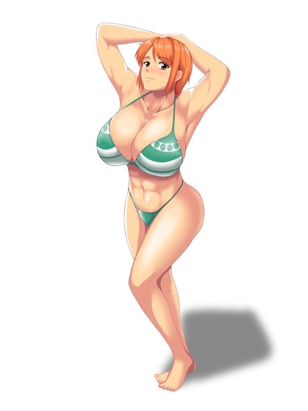 1girl abs ass barefoot bikini blush breasts brown_eyes cleavage curvy feet hips huge_breasts large_breasts legs nami_(one_piece) one_piece open_mouth orange_hair pose short_hair simple_background sitting smile solo swimsuit thick_thighs thighs underboob white_background wide_hips