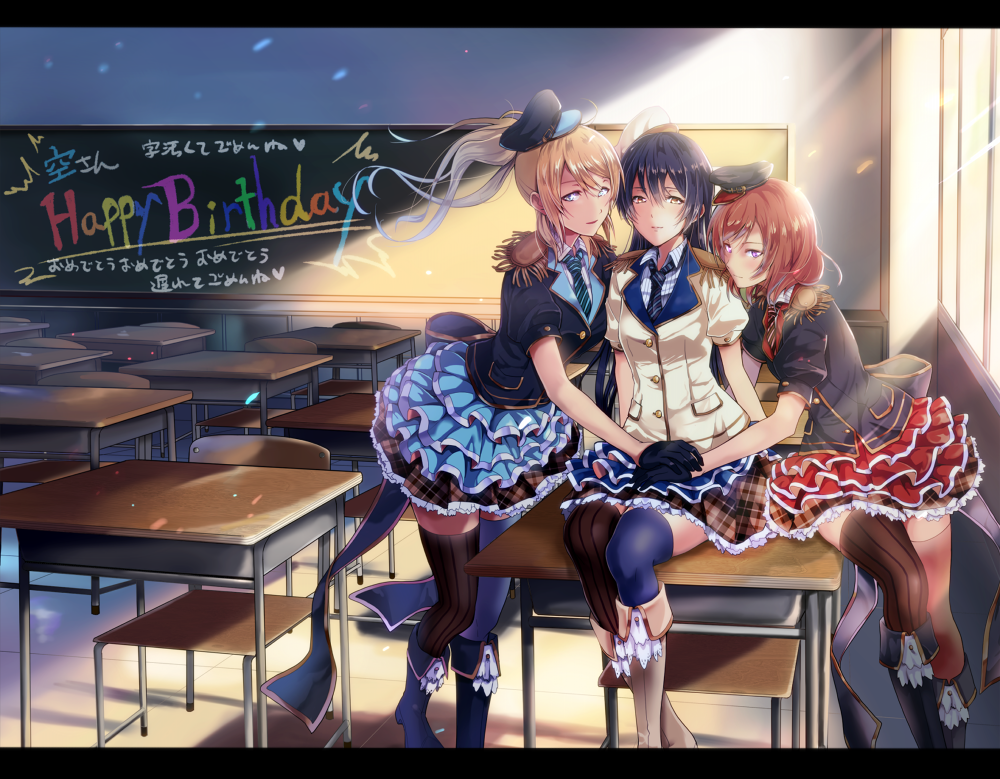 artist_request ayase_eli bangs black_gloves blonde_hair blue_eyes blue_hair blue_legwear blush boots chair chalkboard classroom closed_mouth desk dress epaulettes girl_sandwich gloves hair_between_eyes hand_on_another's_thigh happy_birthday hat indoors long_hair looking_at_viewer love_live! love_live!_school_idol_festival love_live!_school_idol_project mismatched_legwear multiple_girls necktie nishikino_maki on_desk plaid plaid_skirt pleated_skirt purple_eyes red_hair red_legwear sandwiched school school_desk short_sleeves sitting skirt smile soldier_game sonoda_umi standing striped striped_legwear thighhighs vertical-striped_legwear vertical_stripes window zettai_ryouiki