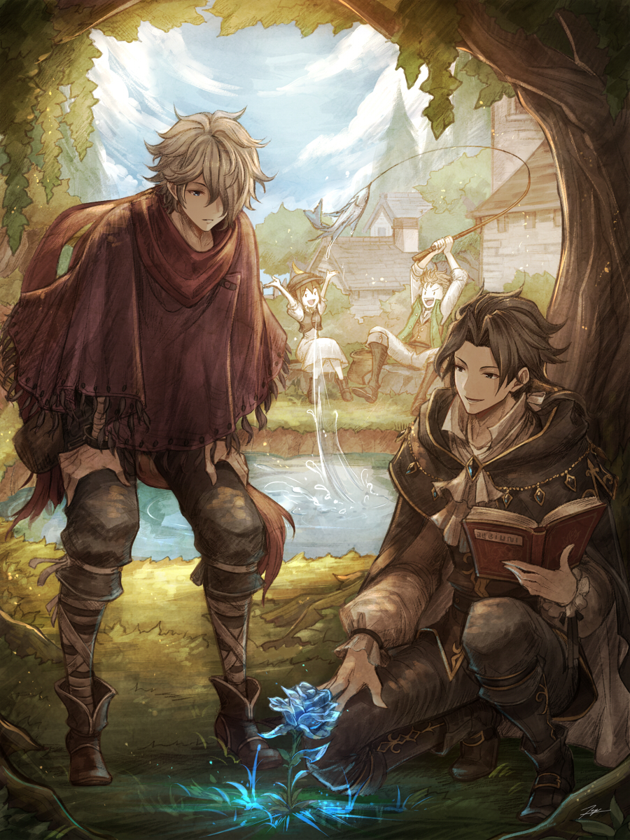 3boys :d alfyn_(octopath_traveler) arm_support arms_up bandaged_arm bandages bare_arms black_footwear black_hair blue_eyes blue_sky book boots brown_hair buttons cape cloak cloud cloudy_sky commentary_request crop_top cropped_vest cuffs cyrus_(octopath_traveler) dress eyebrows_visible_through_hair fish fishing fishing_line fishing_rod flower fringe_trim full_body glowing glowing_flower grey_hair hair_between_eyes hair_over_one_eye hat hat_feather high_collar highres holding holding_book holding_fishing_rod leaning_forward light_brown_hair long_dress long_sleeves looking_down looking_up magic male_focus messy_hair multiple_boys no_nose octopath_traveler open_book open_clothes open_mouth open_vest outstretched_arms pants poncho pouch puffy_short_sleeves puffy_sleeves shackles shirt shoes short_sleeves sitting sky sleeves_rolled_up smile squatting standing tenyo0819 therion_(octopath_traveler) tree tressa_(octopath_traveler) unbuttoned v-shaped_eyebrows vest water white_dress