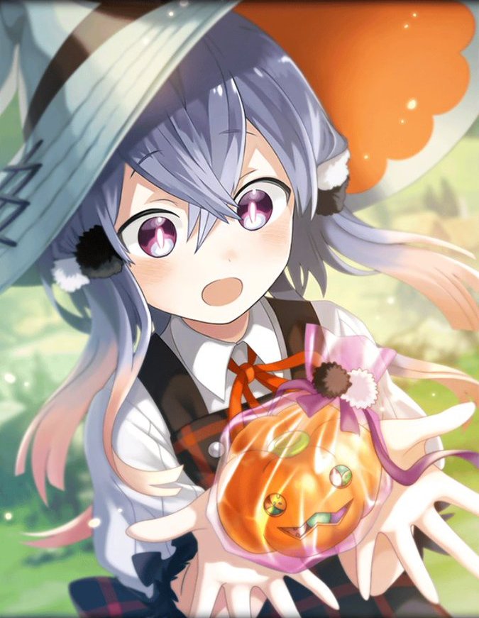 artist_request colored_tips costume dress hair_ornament hat holding official_art open_mouth phantom_of_the_kill pinafore_dress pumpkin ribbon shu_(phantom_of_the_kill) silver_hair witch witch_hat